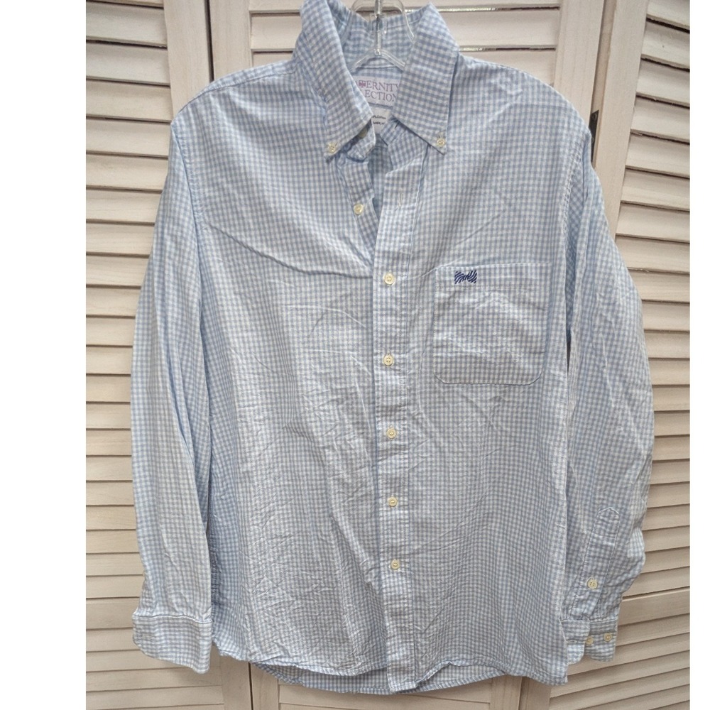 Fraternity Collection Button Shirt Medium Blue Gingham Check Cotton USA Long Slv